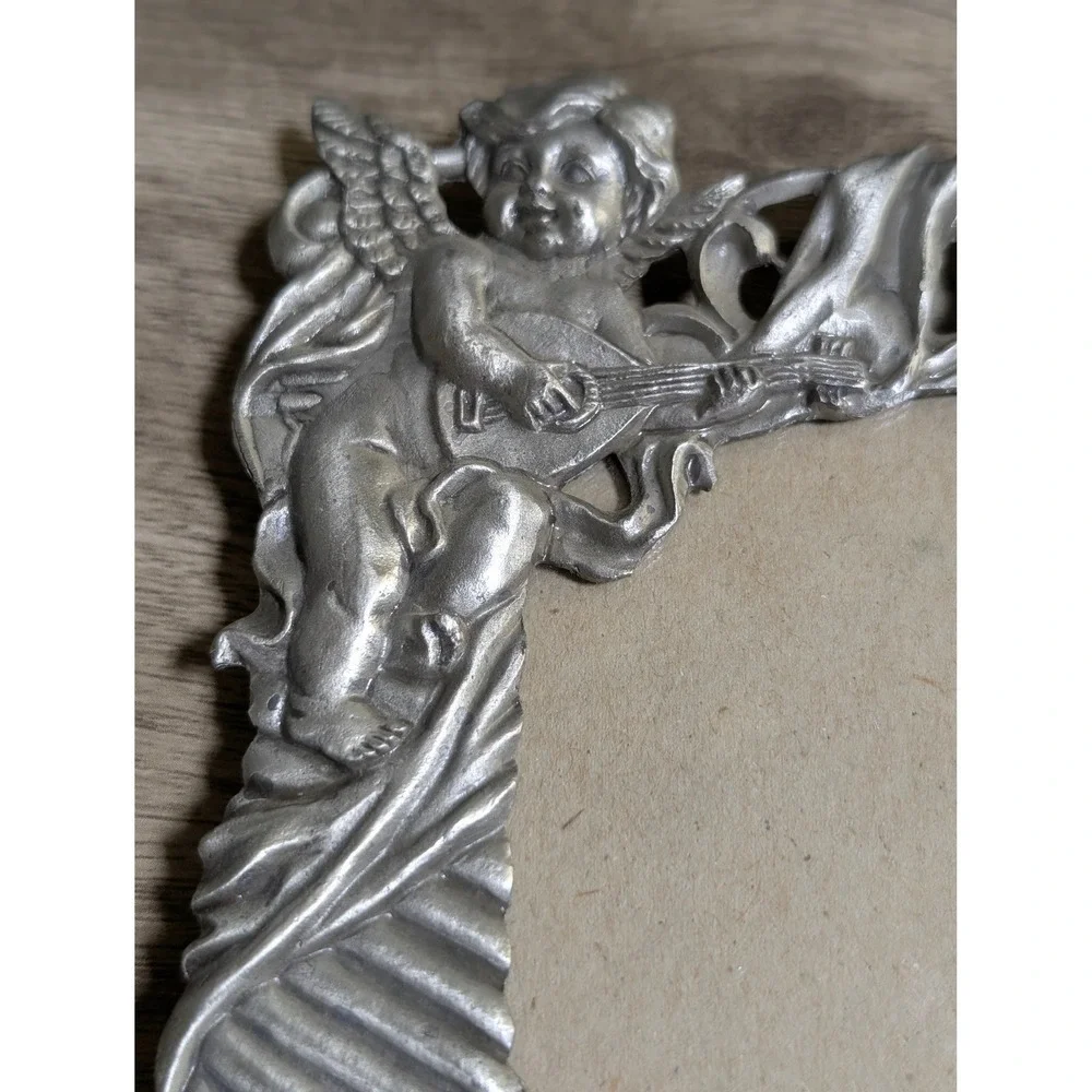 Vintage Ornate Cherub Angel Silver Pewter Style Picture Frame Tabletop Decor